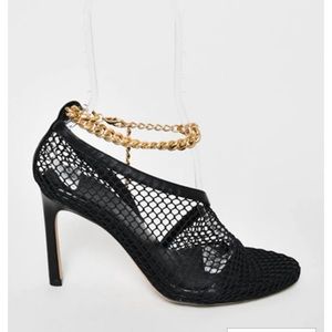 Bottega Veneta “Stretch” black mesh gold chain heels